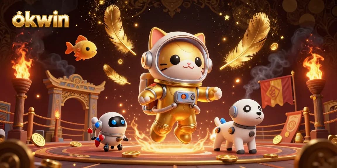 Experience exciting bets with okwin as the astronaut cat and robot dog travel through a cosmic gambling arena.