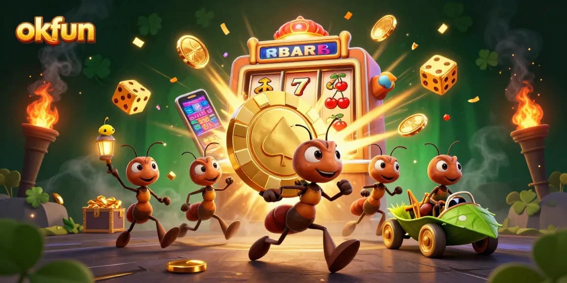 okfun casino heist scene with cartoon ants carrying a poker chip amidst vibrant slots and treasures.