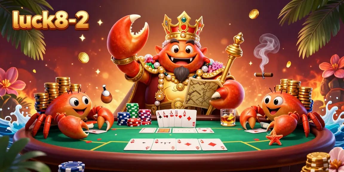 Engage with luck8-2's captivating poker scene featuring a golden crab emperor in a vibrant casino setting.