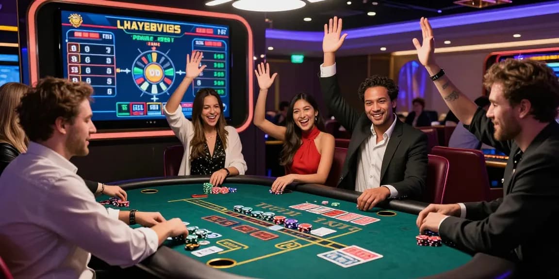 LUCK8 gaming table with players enjoying baccarat in a lively casino atmosphere.