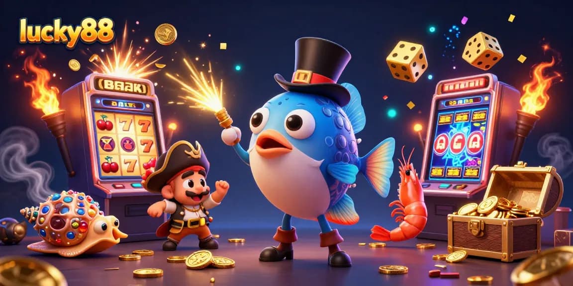 Experience thrilling jackpots at lucky88 with vibrant 3D casino illustrations showcasing animated characters and casino elements.
