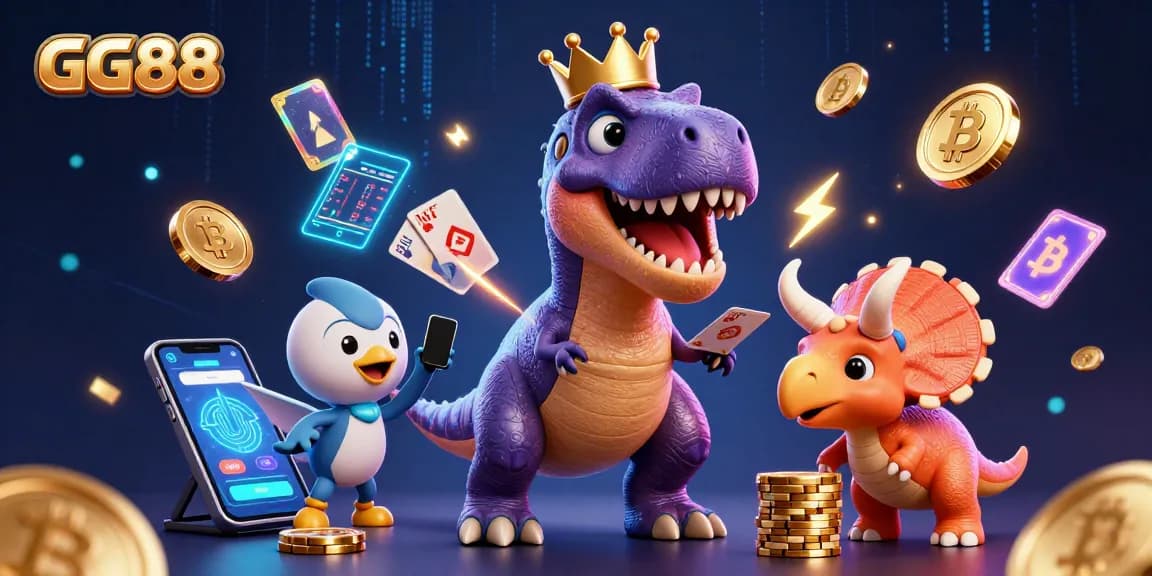 Experience big wins at GG88's vibrant casino scene with animated T-Rex and friends.