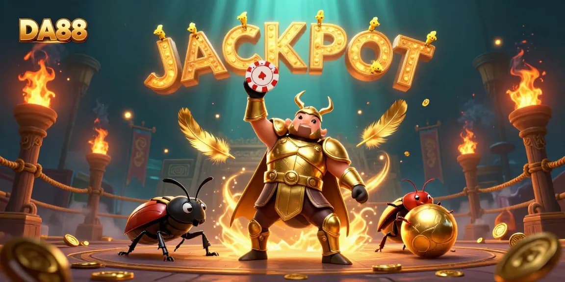 Join the fun at DA88, where the hercules beetle wins with poker skills in a lively casino scene.