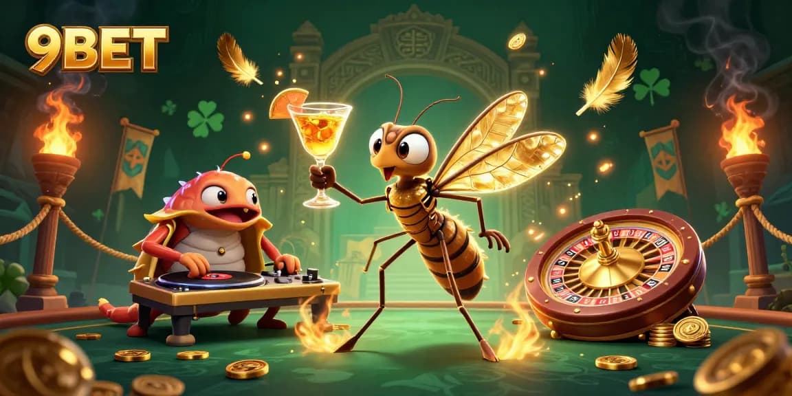 9BET showcases a casino mascot from a frozen mosquito, engaging with players in a vibrant gaming scene