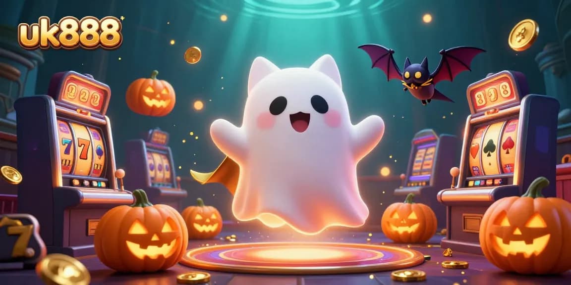 uk888 showcases a ghost cat with bat companion in a haunted casino, illustrating winning slot strategies.