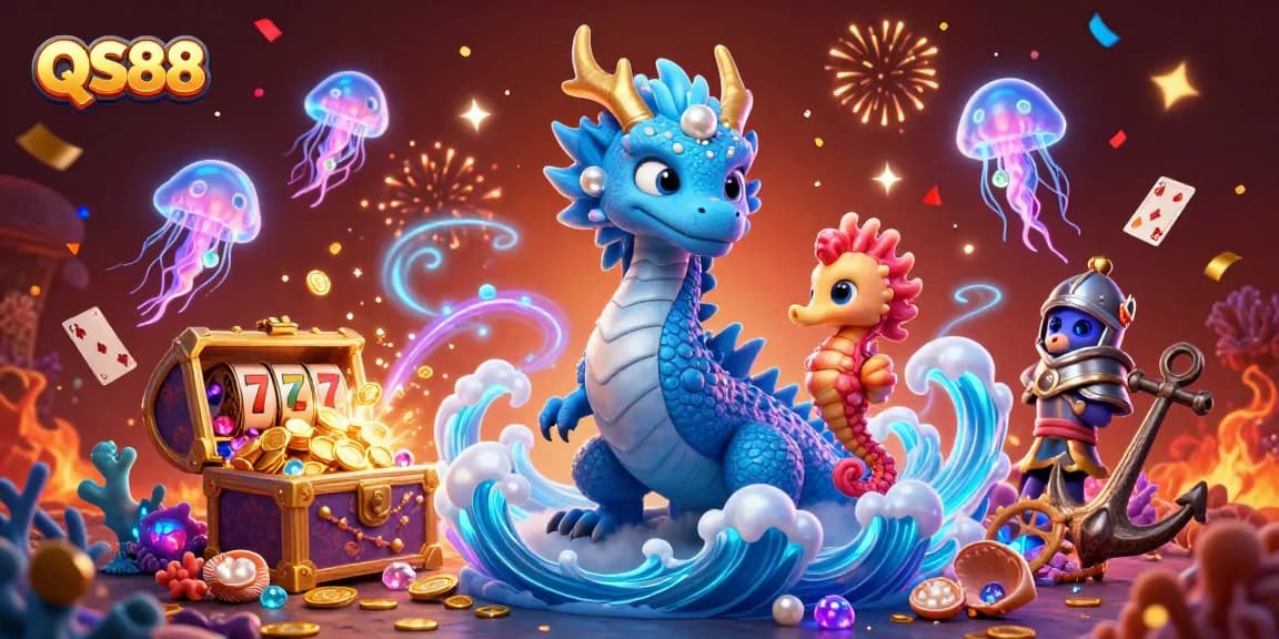Celebrate winning big at QS88 with a thrilling 3D illustration featuring an azure dragon, seahorse knight, and festive gambling elements.