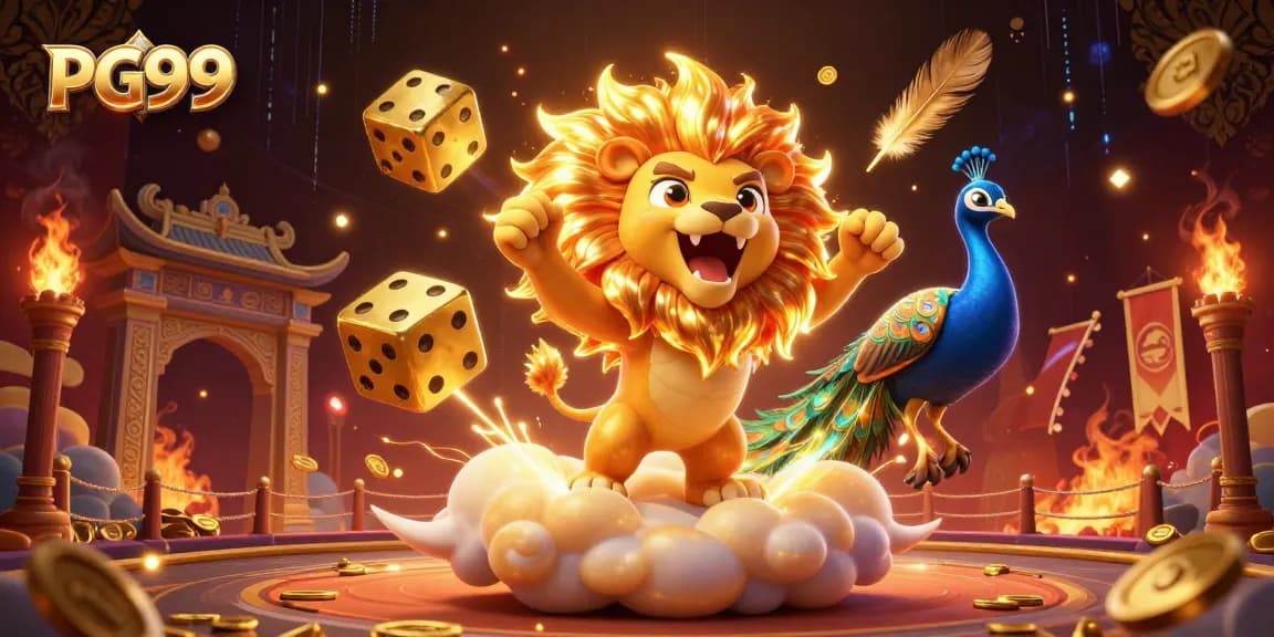 Unleash your luck with PG99 in a vibrant casino scene filled with golden dice and dynamic gaming elements.