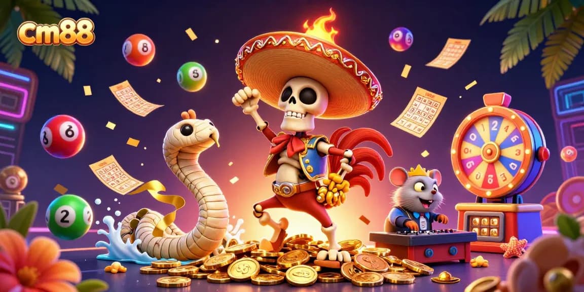 Experience cm88 excitement with a dynamic 3D casino scene featuring lottery fun and vibrant characters.