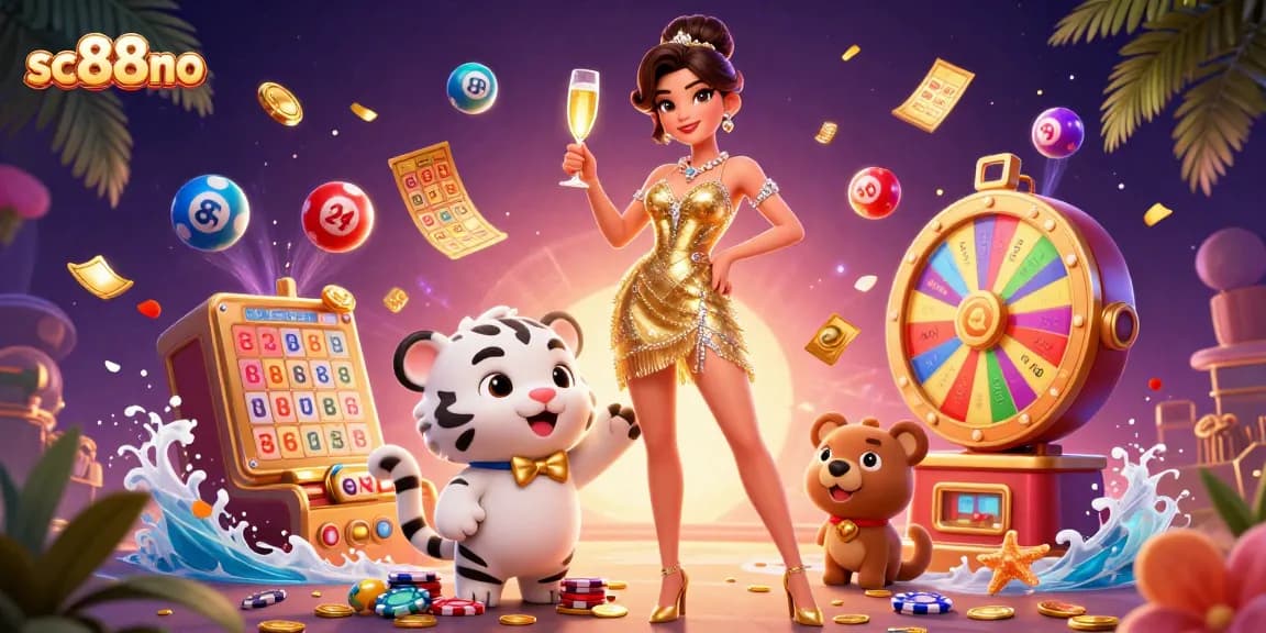 Engage in thrilling gaming with sc88no, featuring a glamorous woman and lucky tiger amidst vibrant lottery cheer.