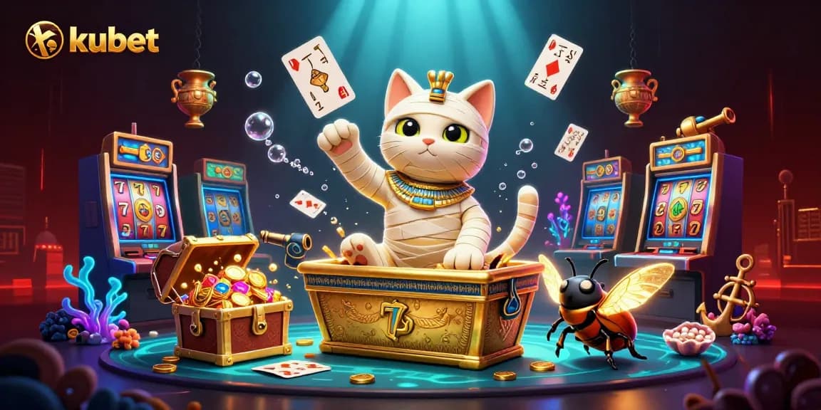 Engage with kubet's gaming excitement through an Egyptian cat and scarab beetle in a vibrant pyramid casino scene.