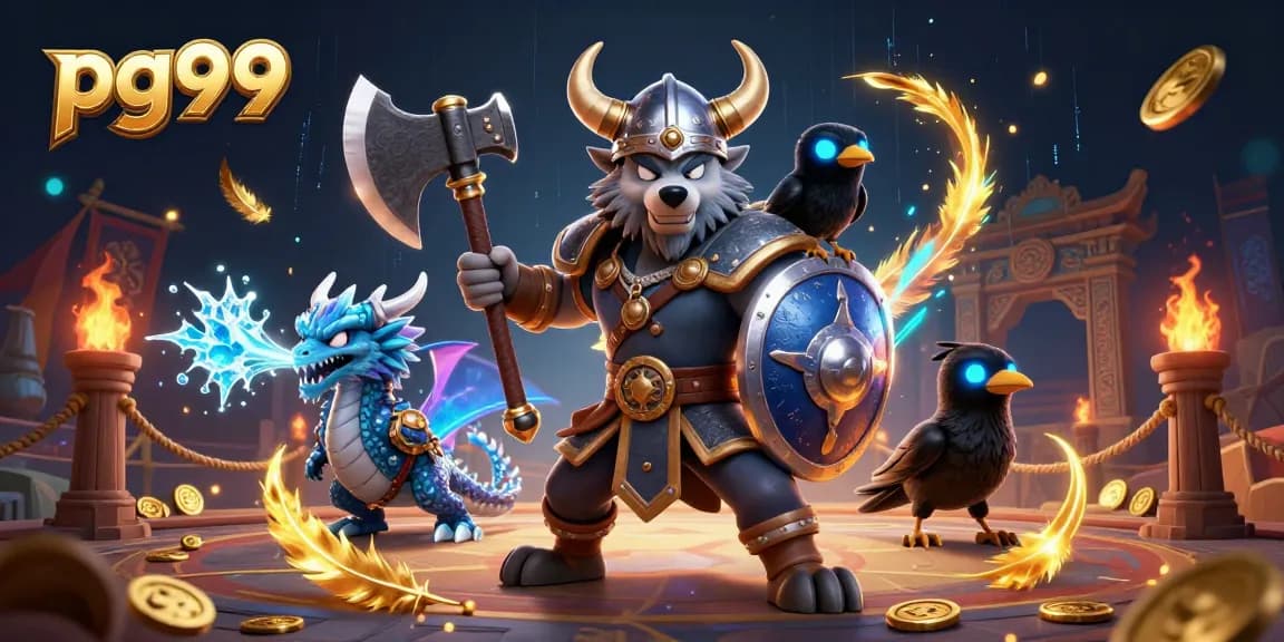 Engage in thrilling gameplay at PG99 with Viking warrior and icy dragon, surrounded by casino excitement.