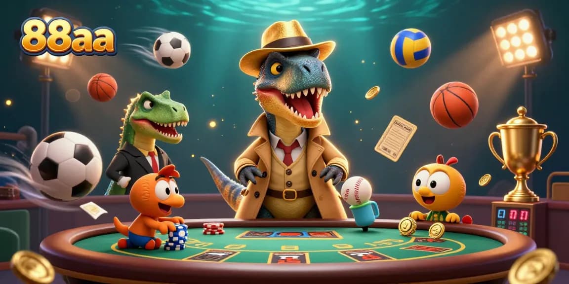 88aa showcases a dinosaur-themed casino scene with a card counter and nefarious pickpocket.