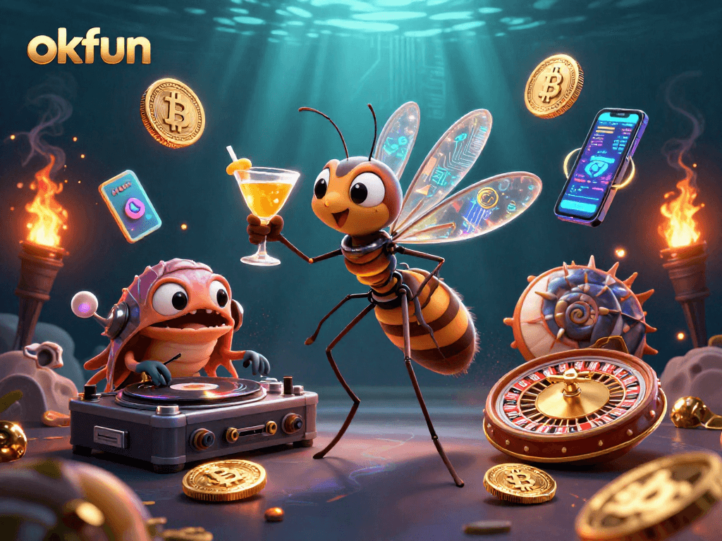 Experience thrilling moments at okfun with vibrant 3D casino characters and crypto elements.