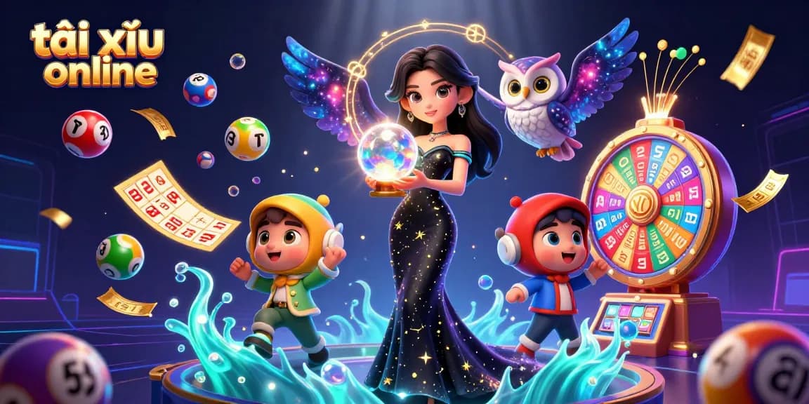 Engage with tài xỉu online gameplay featuring a mystical woman, vibrant lottery elements, and glowing symbols.