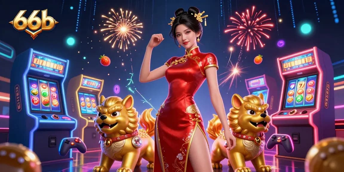 Engage with the thrilling atmosphere of 66b casino gaming, featuring vibrant slots and an elegant Asian woman.
