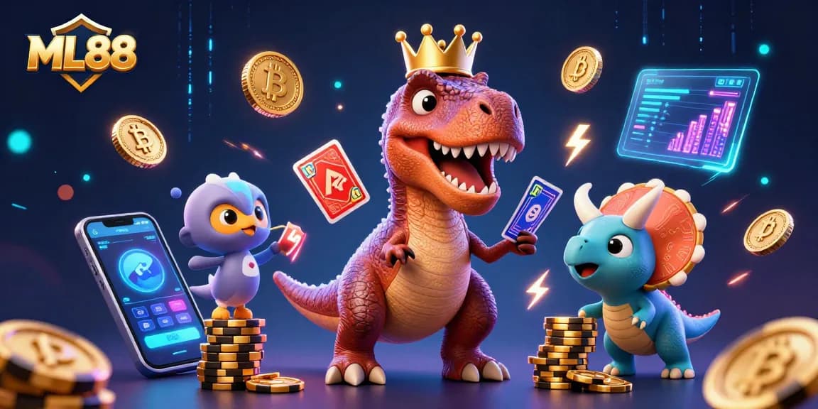Experience thrills with ML88 as T-Rex deals cards, and Triceratops stacks chips in a vibrant casino.