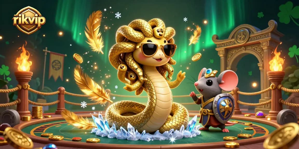 Experience the thrilling energy of rikvip with a vibrant casino scene featuring Medusa and a warrior in action.