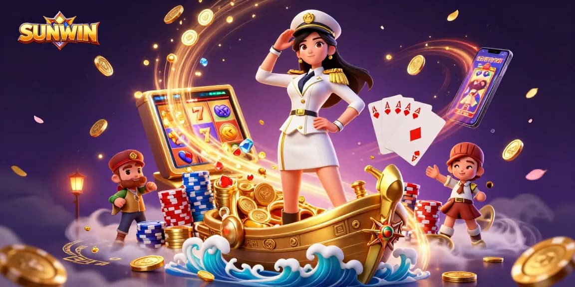 SUNWIN showcases thrilling online casino action with winning slots, golden coins, and vibrant playing cards.