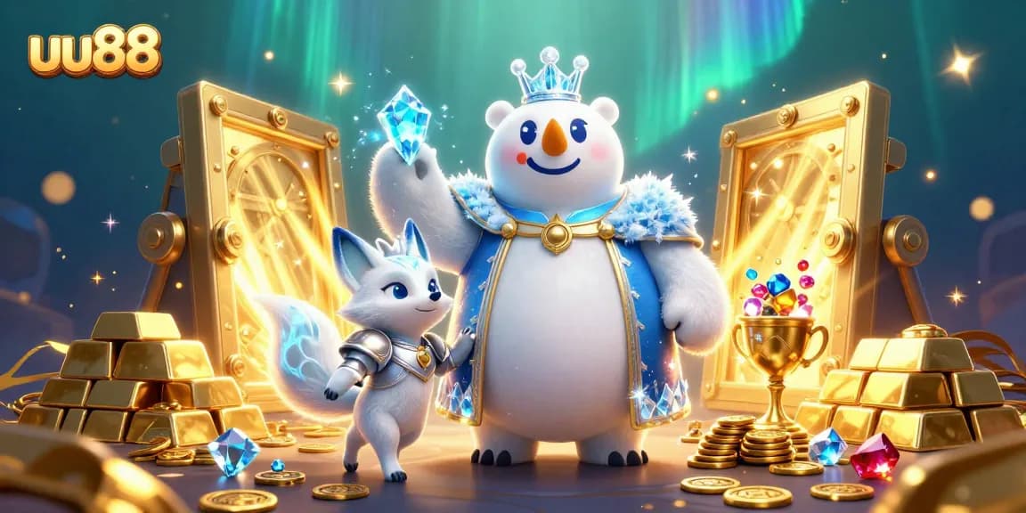 Spin and win with uu88 in this vibrant 3D casino scene featuring rich treasure and dynamic characters.
