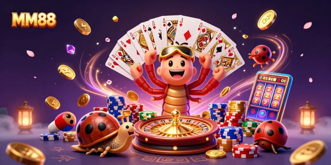 Engage in high-stakes excitement with MM88's vibrant casino scene showcasing unique 3D characters.