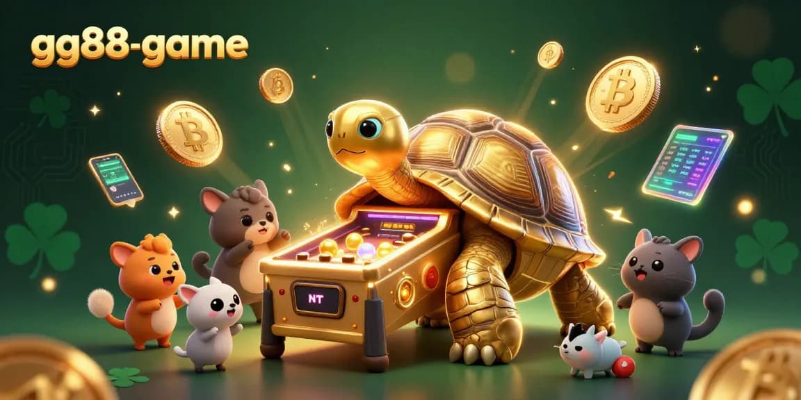 Experience gaming excitement at gg88-game with a colossal golden tortoise pinball machine surrounded by crypto elements.