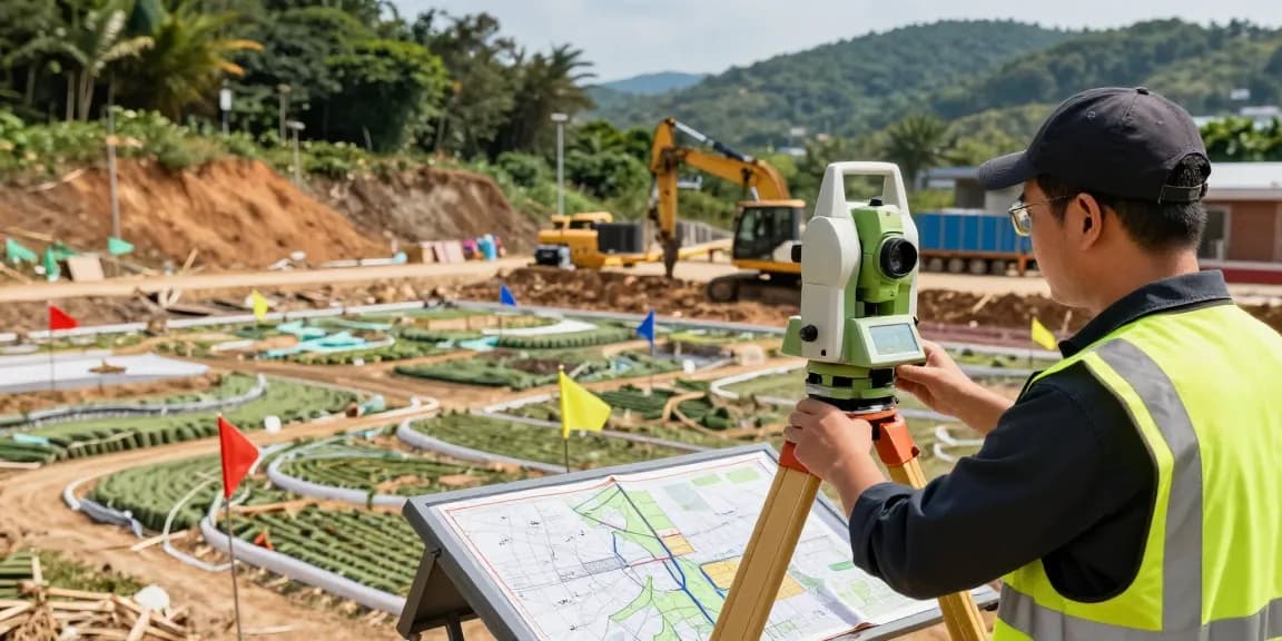 Topographical surveys in action, professional surveyor measuring land features with total station equipment.
