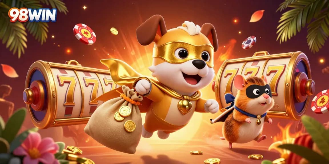 Experience thrilling gameplay with 98WIN as the superhero dog and sidekick transform the casino scene.