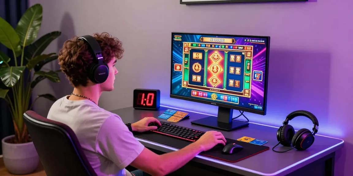 Engaged player at a credit card casino enjoying vibrant slot games with credit cards beside them.