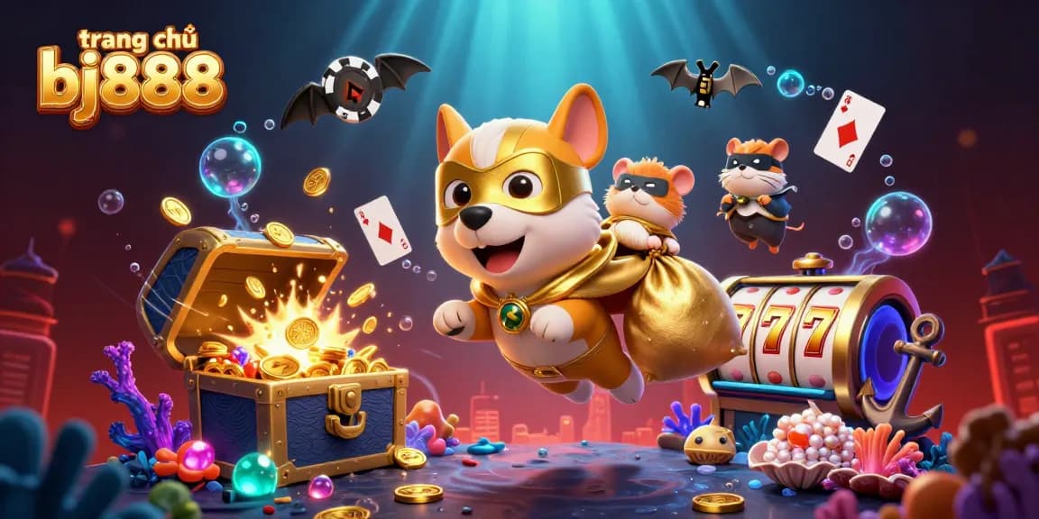 Engage in thrilling gameplay at trang chủ bj888, where the superhero dog leads the excitement with gold coins and rich casino elements.