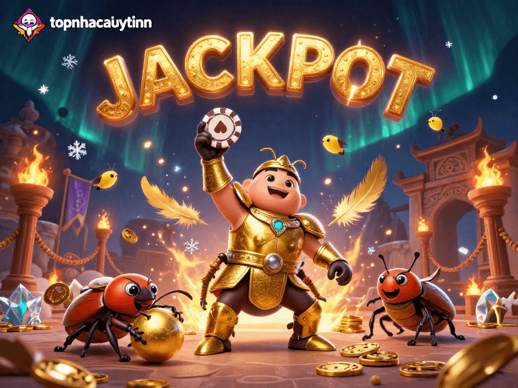 Engage in thrilling gameplay with topnhacaiuytinn as the hercules beetle celebrates a jackpot win.