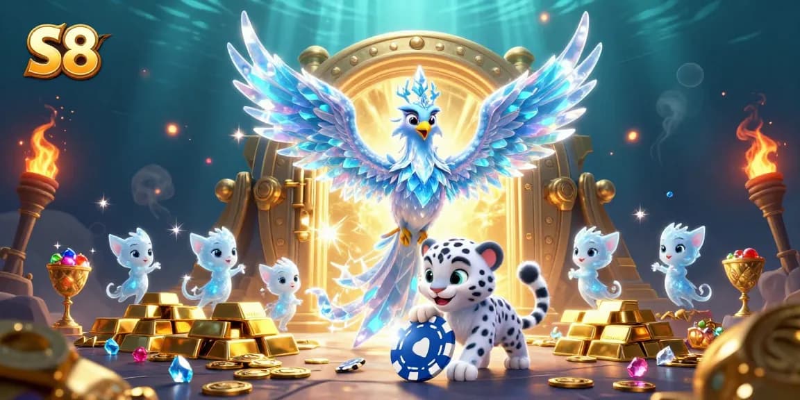 S8 players engage in exciting gaming with an ice phoenix, poker chip, and treasure elements.