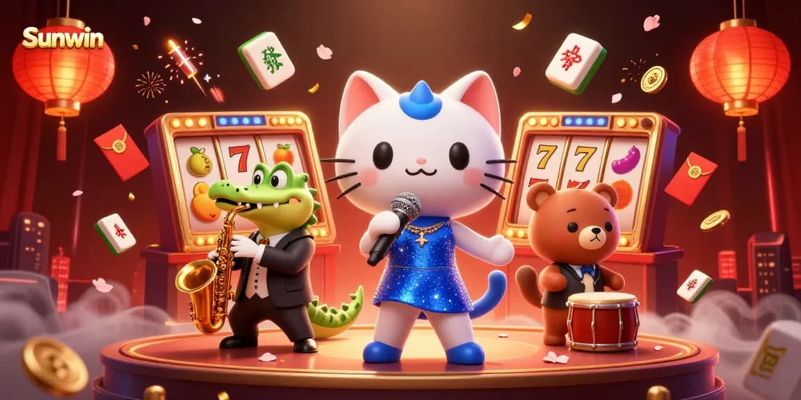 Engage in thrilling casino fun with Sunwin's vibrant gaming atmosphere showcasing characters and slot elements.