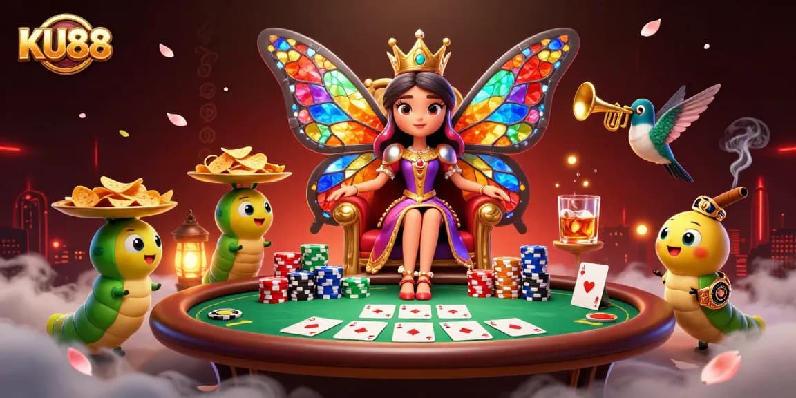 Engage in thrilling casino action at KU88 with a vibrant butterfly queen illustration.