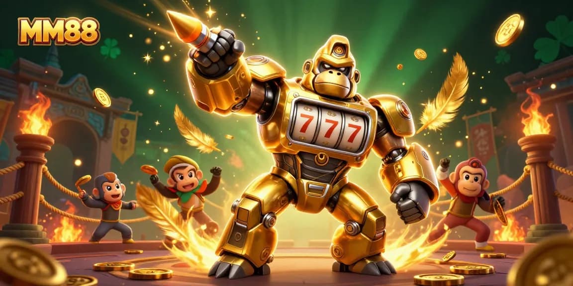 Experience the excitement of MM88 with a dynamic golden gorilla mech and slot elements!