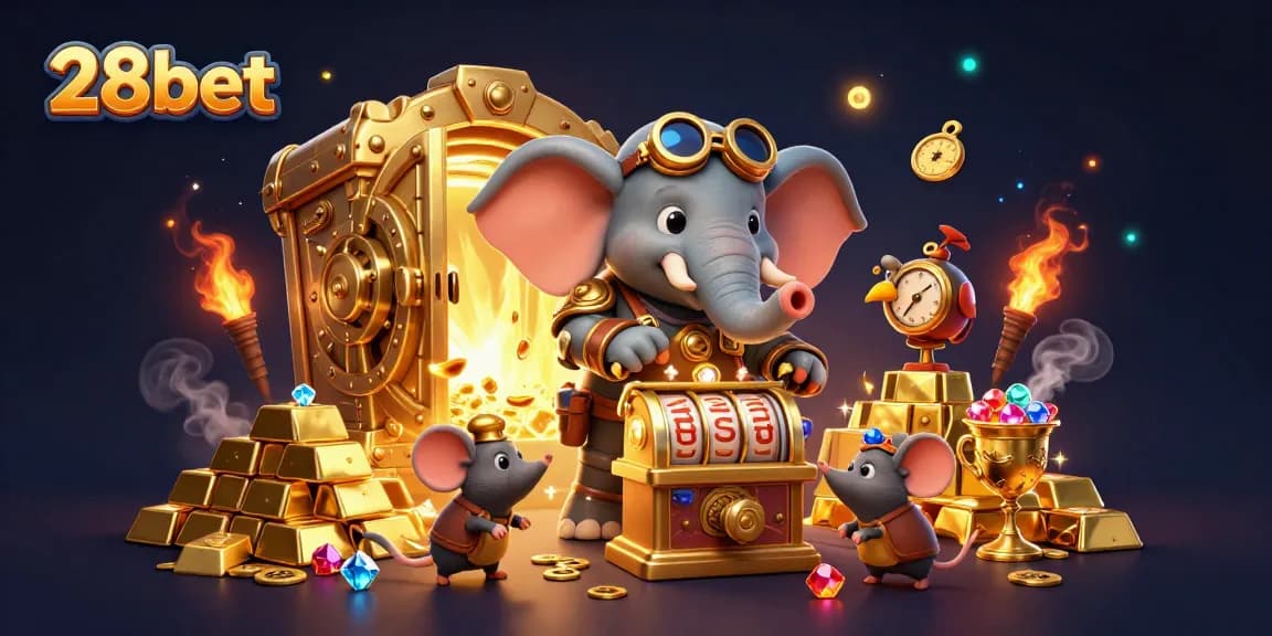 Spin the golden slot machine at 28bet with steampunk charm in dynamic casino scene.