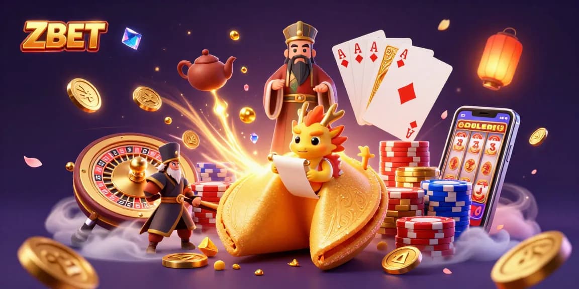 ZBET captures excitement in a 3D casino scene with golden coins, dragons, and gaming elements.