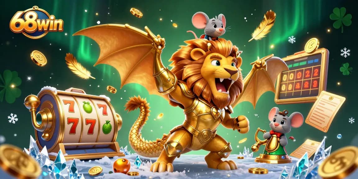 Experience the thrilling world of 68win casino with a vibrant golden chimera and dynamic slot elements.