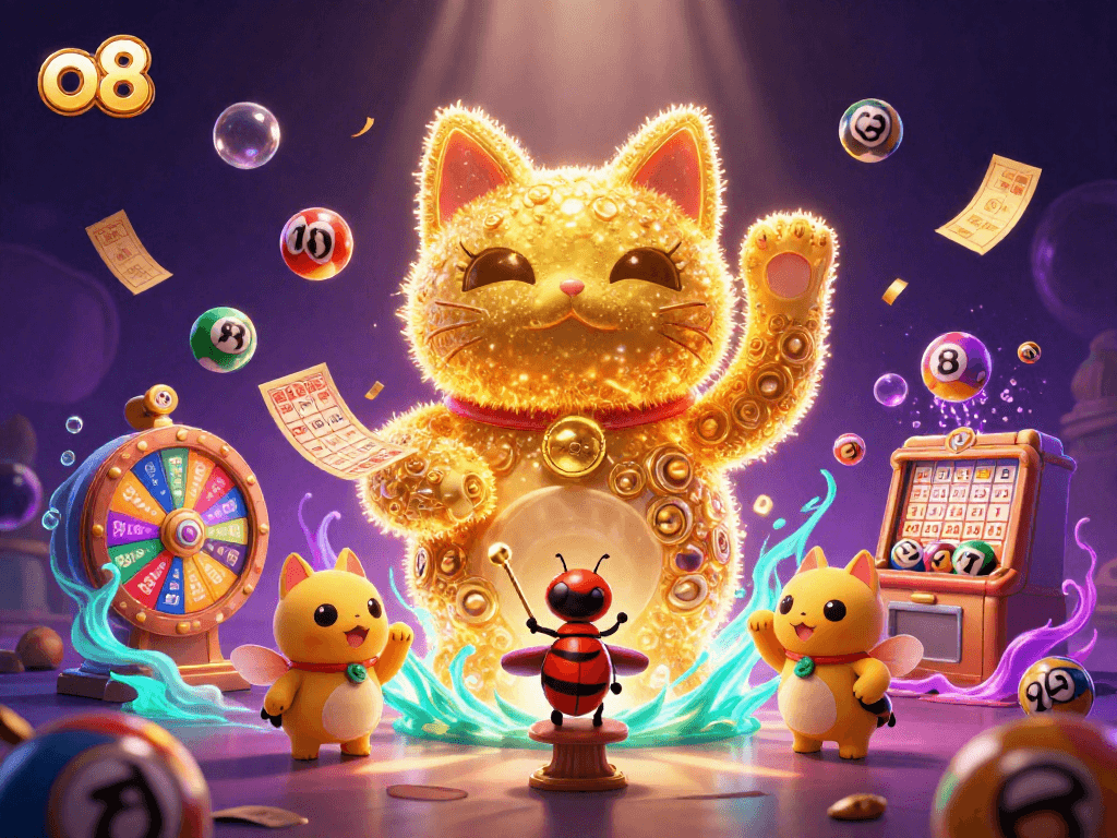 Experience exciting gameplay at o8 with a swirl of casino-themed elements and a lucky cat leader.