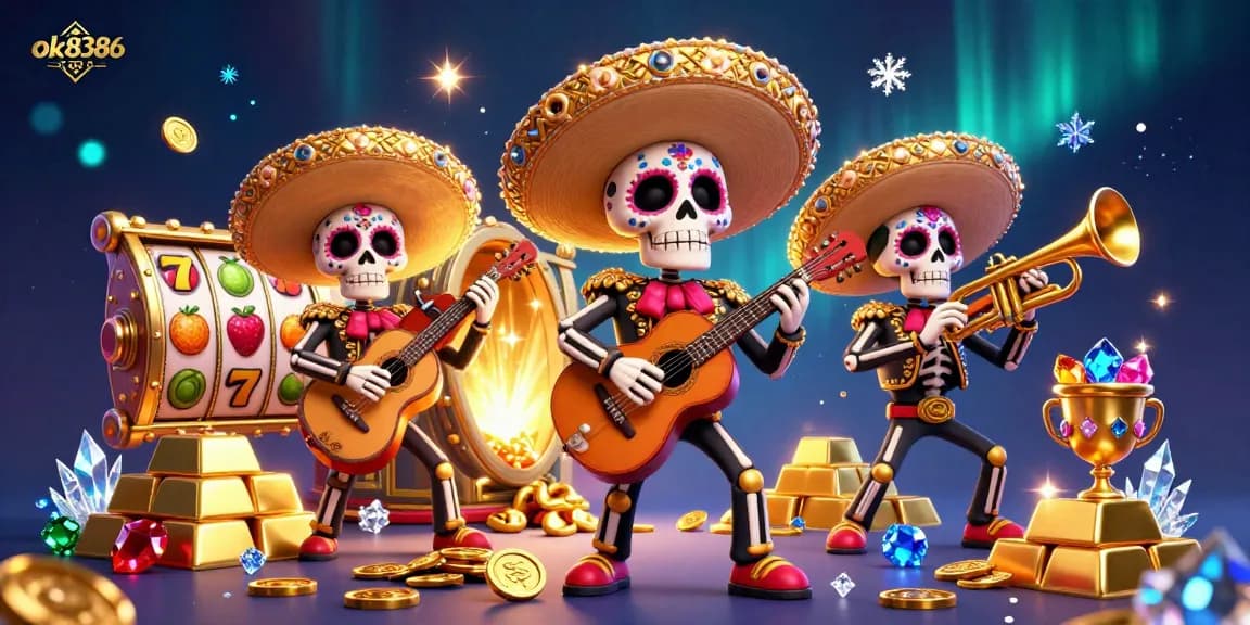 Experience thrilling casino excitement at ok8386 with a dynamic mariachi band surrounded by sparkling slot reels and treasures.