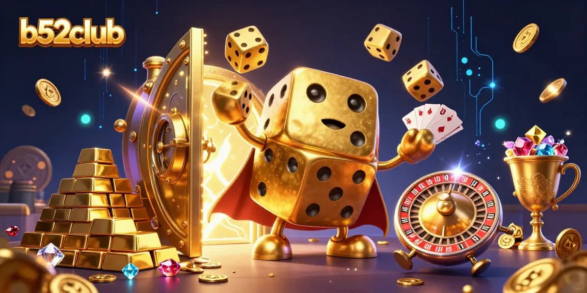 Experience big wins at b52club with a vibrant dynamic casino illustration showcasing golden dice and treasures.