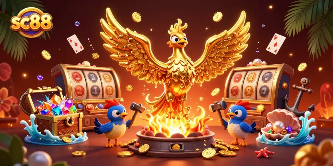 Experience jackpots and excitement with sc88 at this vibrant casino illustration featuring golden phoenixes and treasure.