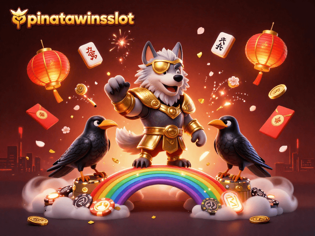 Win big with pinatawinsslot as Odin and ravens celebrate on a dazzling casino chip bridge.