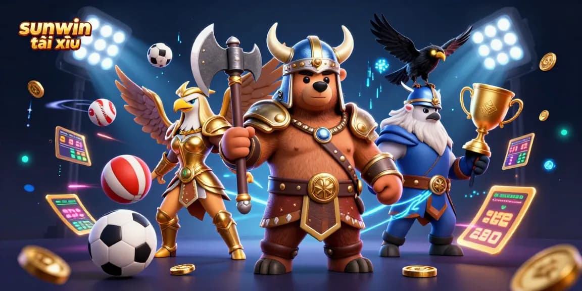Engage in sunwin tài xỉu action with a dynamic illustration featuring Viking and eagle characters amidst gaming elements.