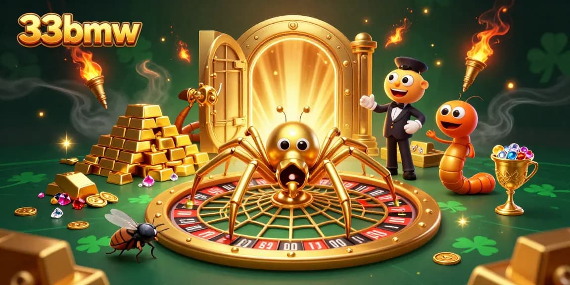 Experience thrilling gameplay at 33bmw with a dynamic scene featuring a golden spider and a roulette wheel.
