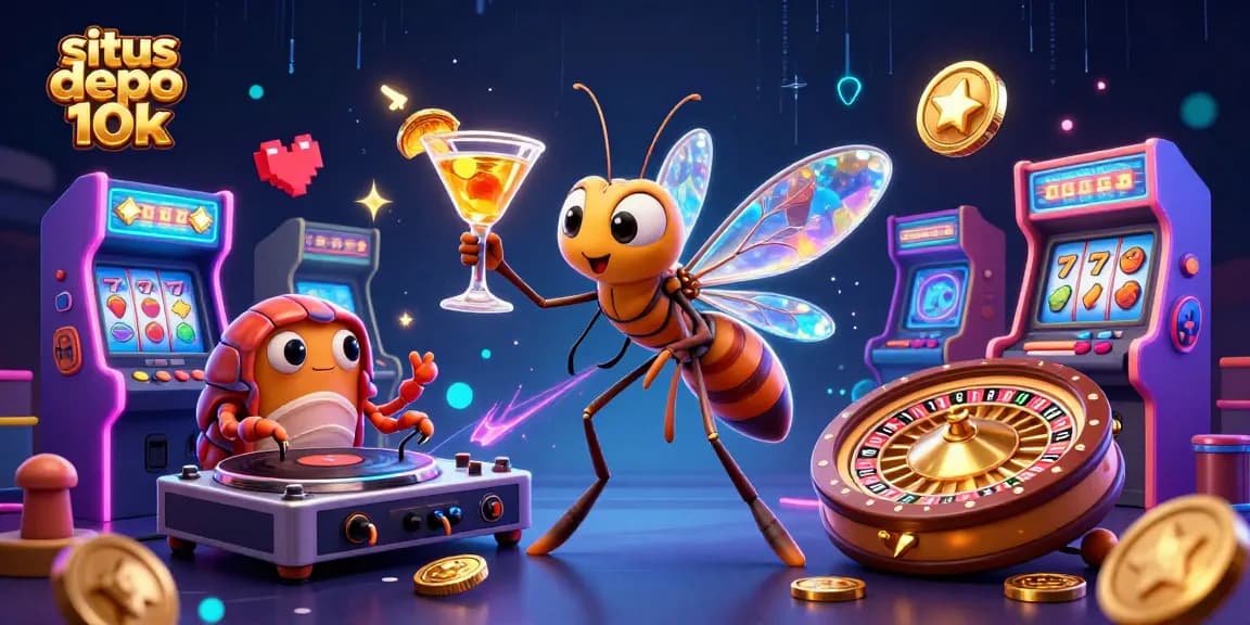 Engage with situs depo 10k featuring a vibrant casino scene with themed characters and dynamic games.