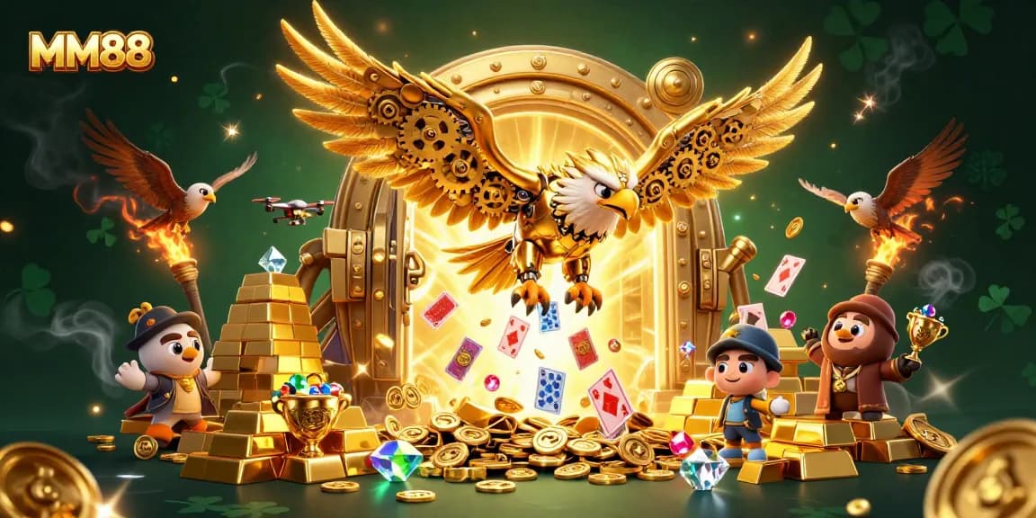 MM88 captivates with a stunning 3D eagle diving through golden treasures and holographic cards.