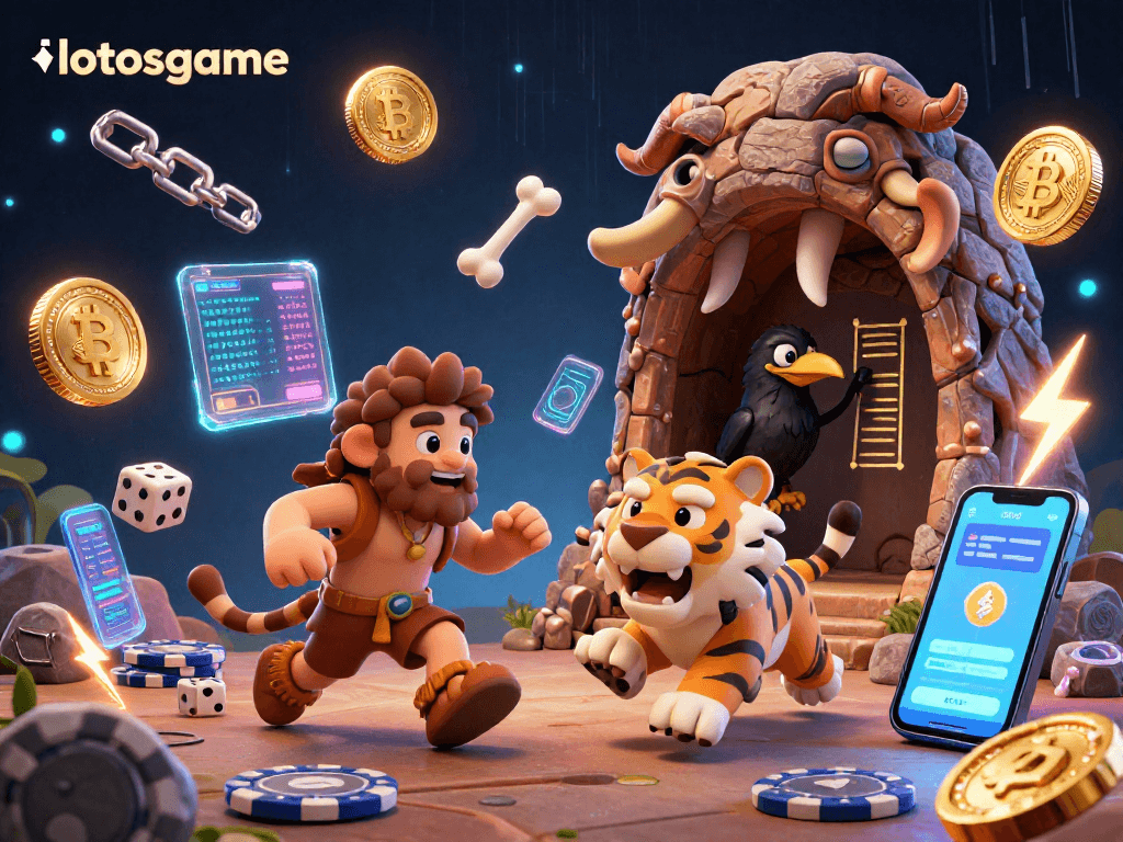 Experience the thrill of gaming with lotosgame in this dynamic prehistoric casino scene.