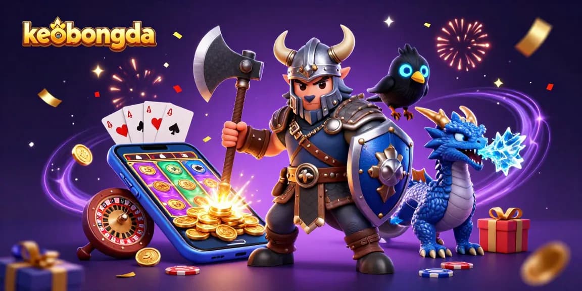 Experience the thrill of keobongda with a Viking warrior and dragon amidst vibrant casino elements.