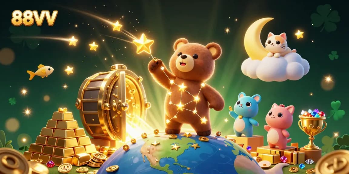 Experience the thrill of winning with 88VV, as a bear scoops coins in a magical casino world.