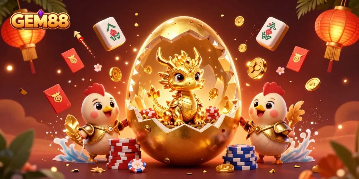 Experience the excitement of GEM88 with a golden dragon and poker chips in a vibrant casino scene.